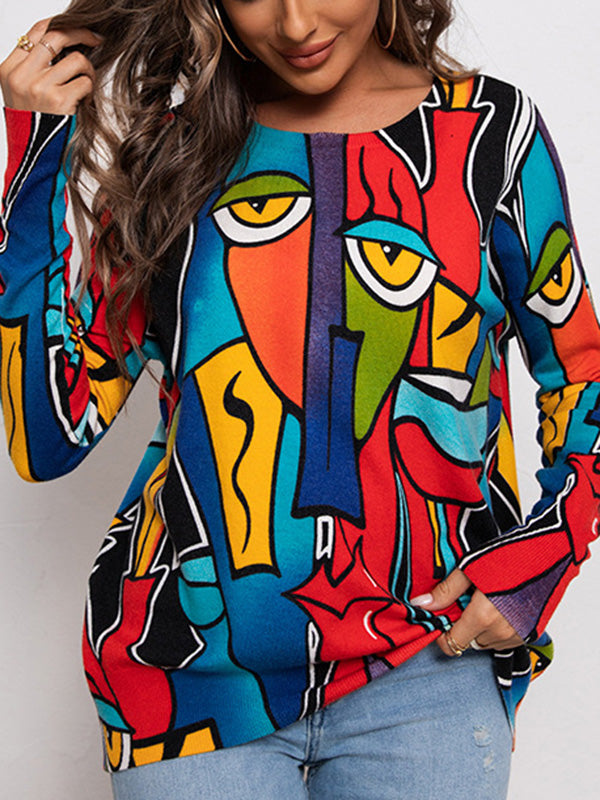 flowersverse Figure Printed Long Sleeves Loose Round-Neck Sweater Tops Pullovers Knitwear