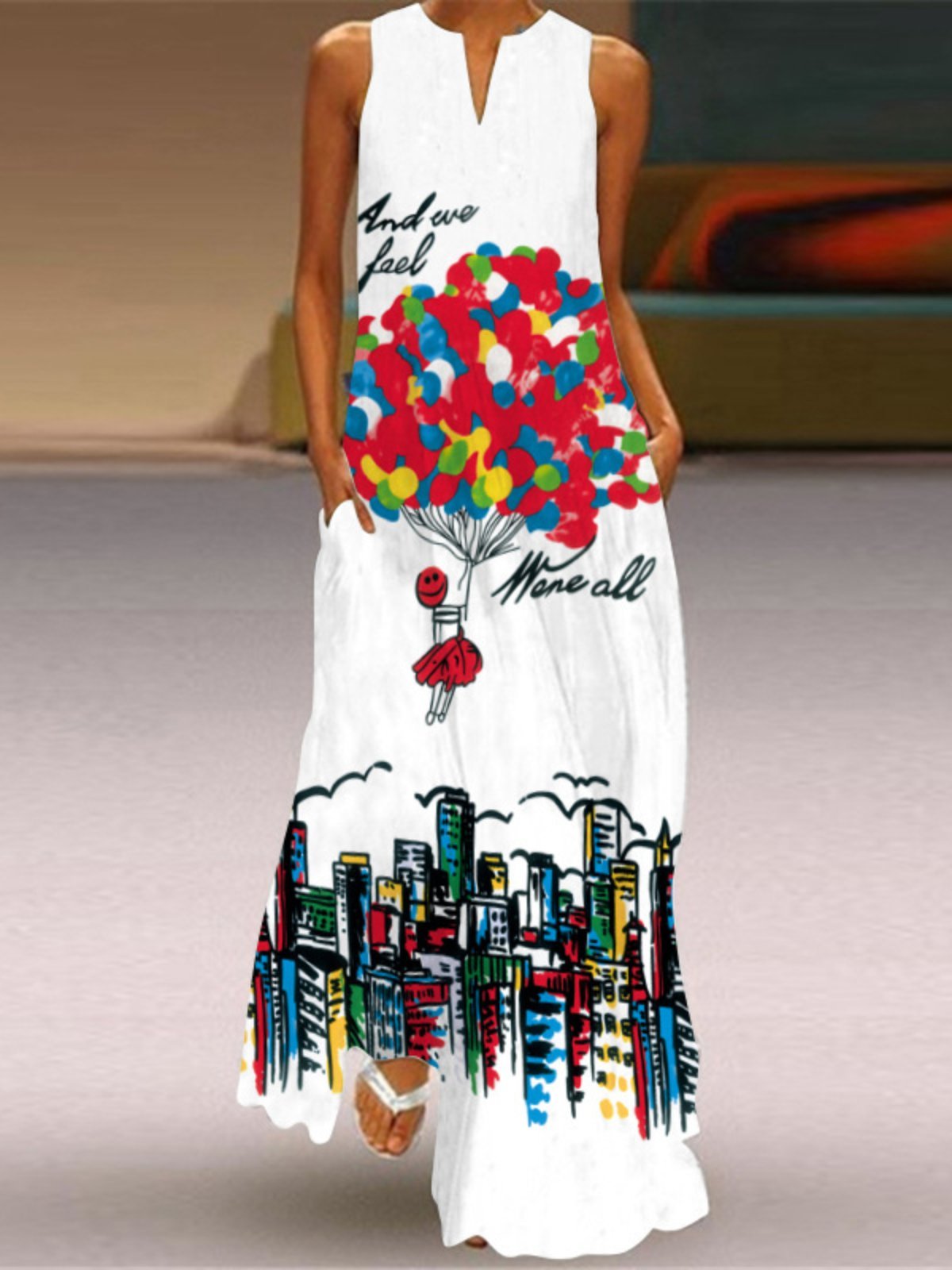 flowersverse Vintage Floral Printed Statement Plus Size Sleeveless V Neck Casual Knitting Dress