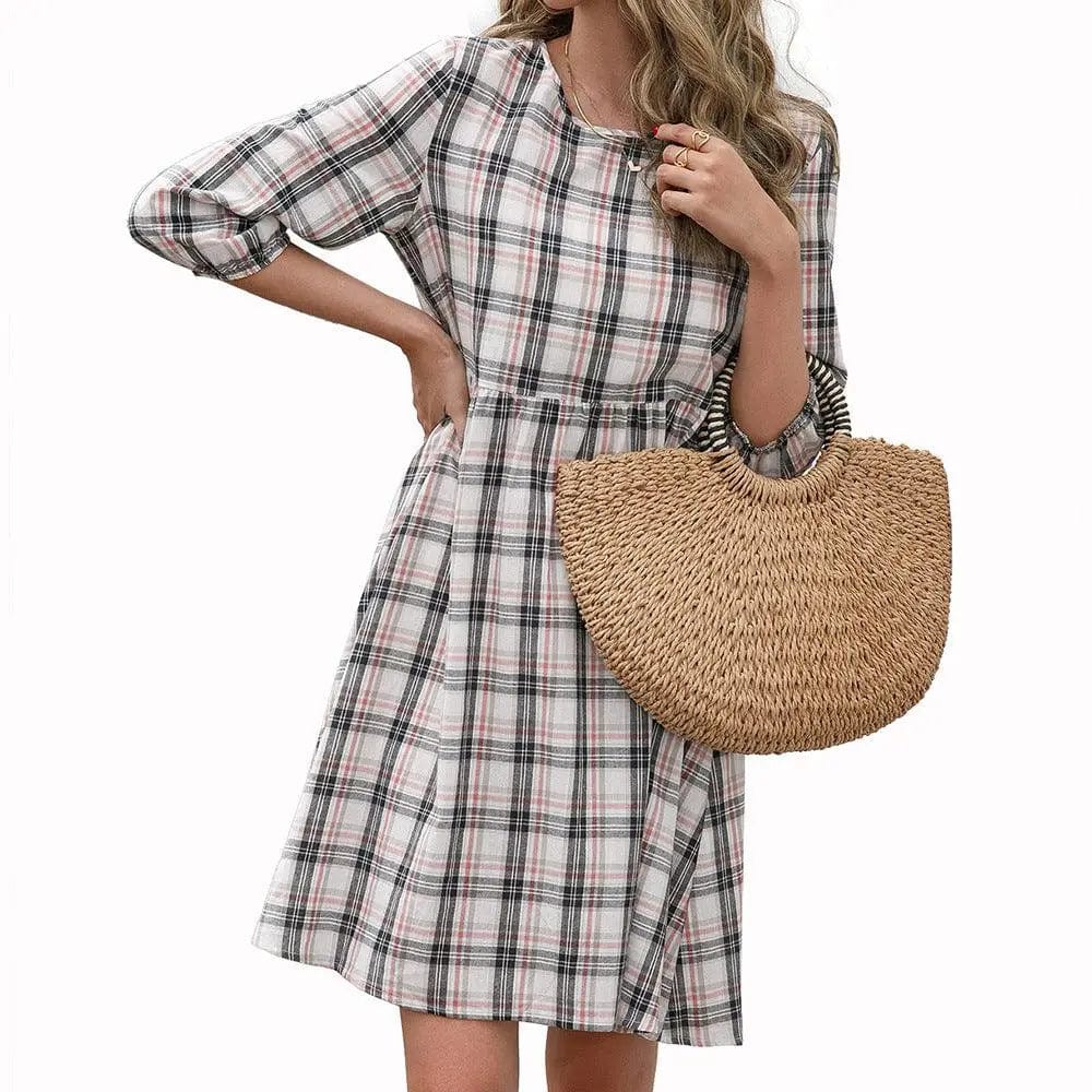 flowersverse Loose Casual Pullover Plaid Dress Women