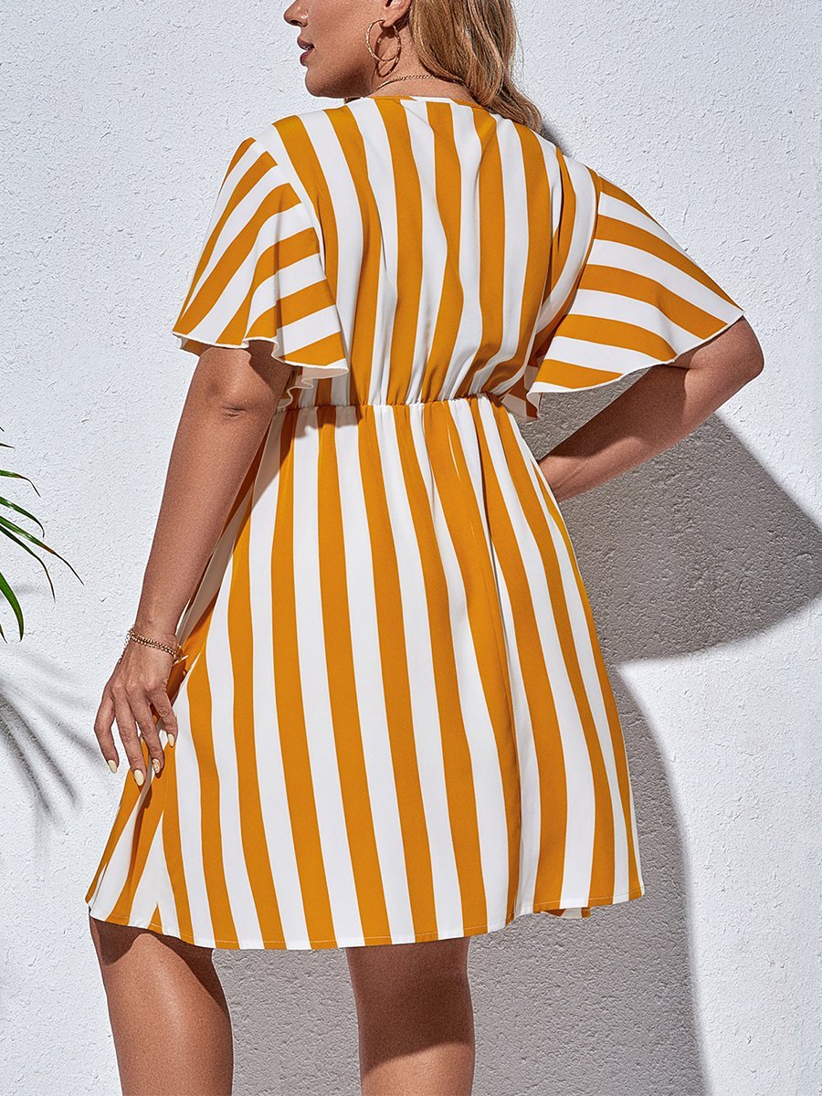 flowersverse Holiday Short Sleeve V Neck A-line Weaving Dress