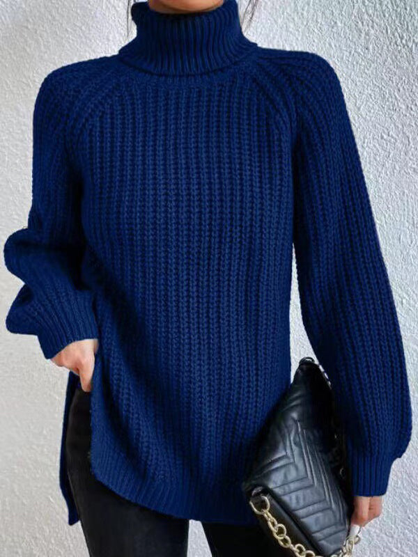 flowersverse Solid Color Split-side Long Sleeves Loose High Neck Sweater Tops Pullovers
