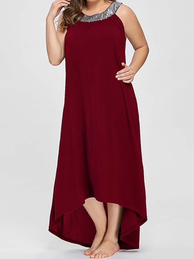 flowersverse Women's Plus Size Casual Dress Swing Dress Solid Color Long Dress Maxi Dress Sleeveless Asymmetric Crew Neck Fashion Party Black Red Fall Spring XL XXL 3XL