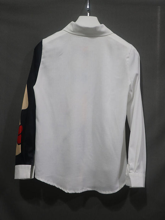 flowersverse Stylish Asymmetric Abstract Printed Lapel Long Sleeves Blouse Tops