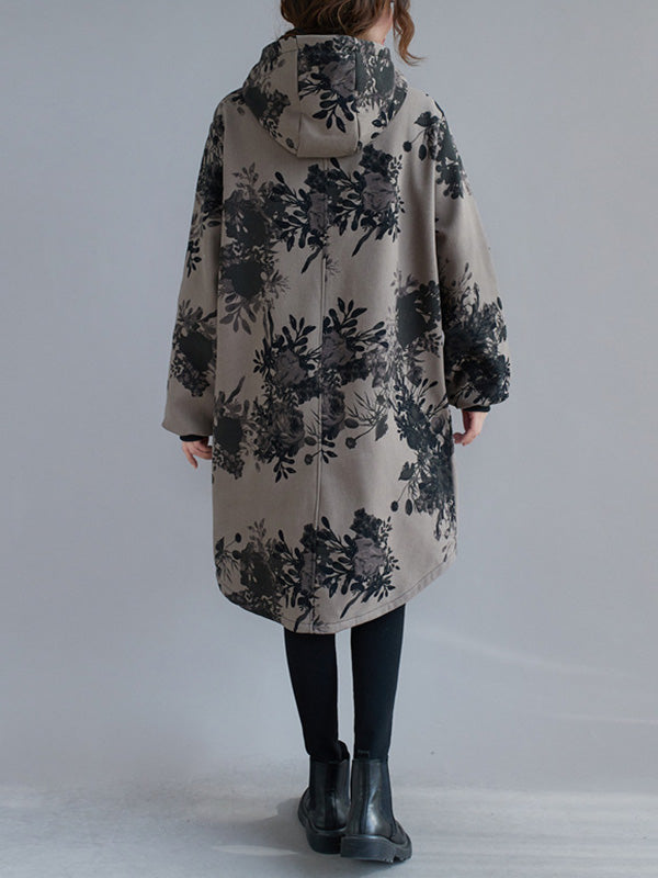 flowersverse Artistic Retro Loose Floral Printed Hooded Long Sleeves Outwear