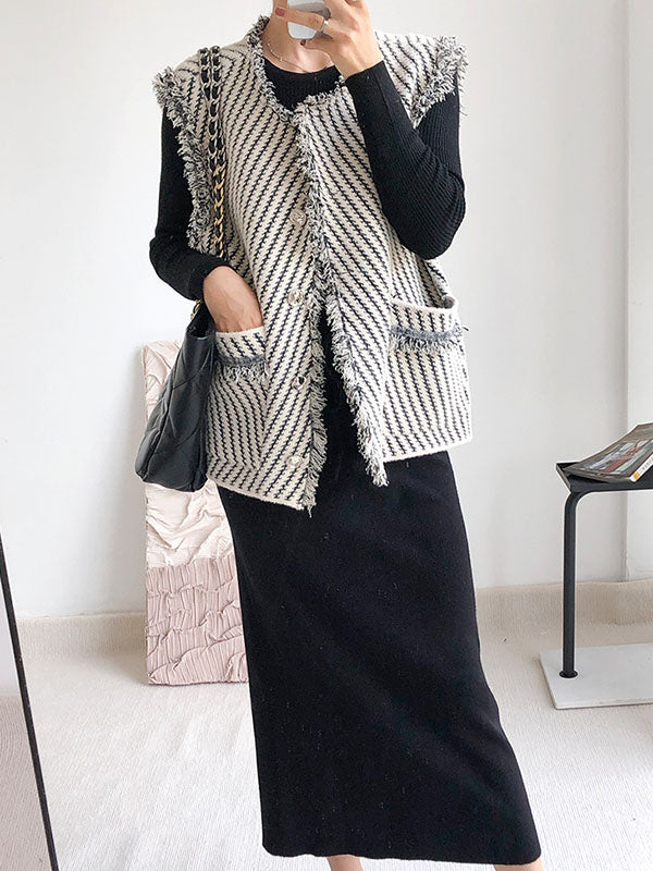 flowersverse Buttoned Fringed Pockets Striped Loose Sleeveless V-Neck Vest Outerwear