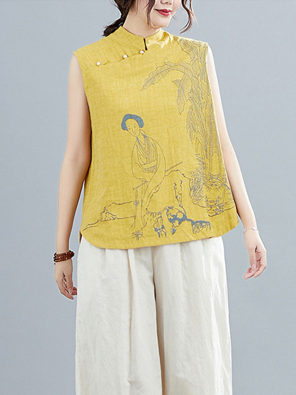 flowersverse Artistic Retro Chinese-Style Printed Buttoned Stand Collar Sleeveless Vest