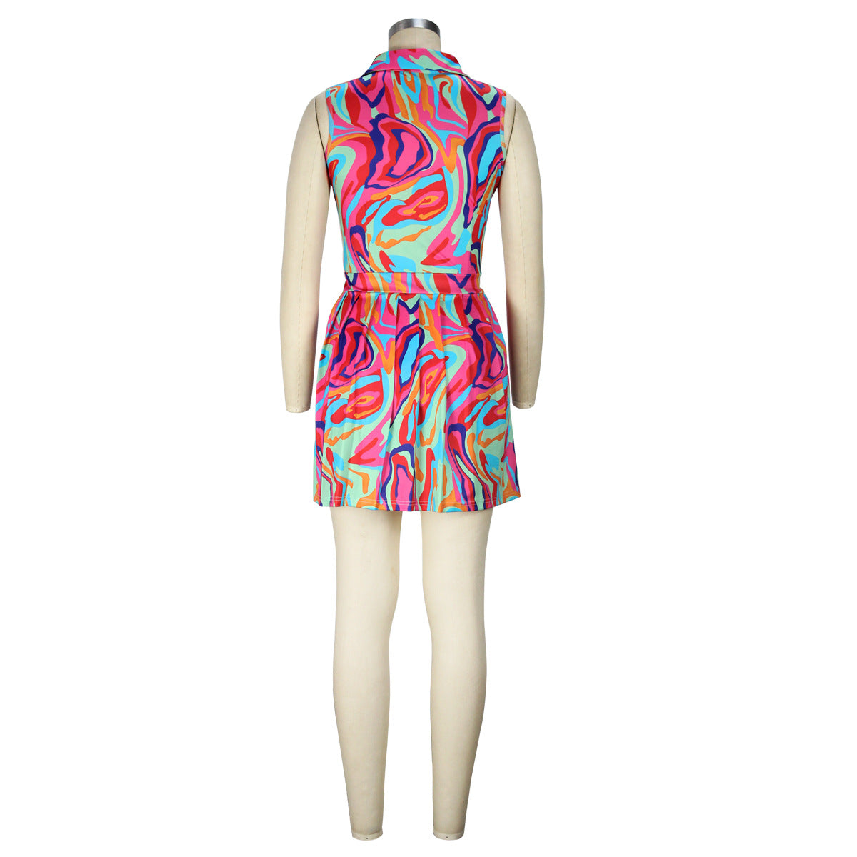 flowersverse Women's Sleeveless Sexy Turndown Collar Button Fashion Print Dress