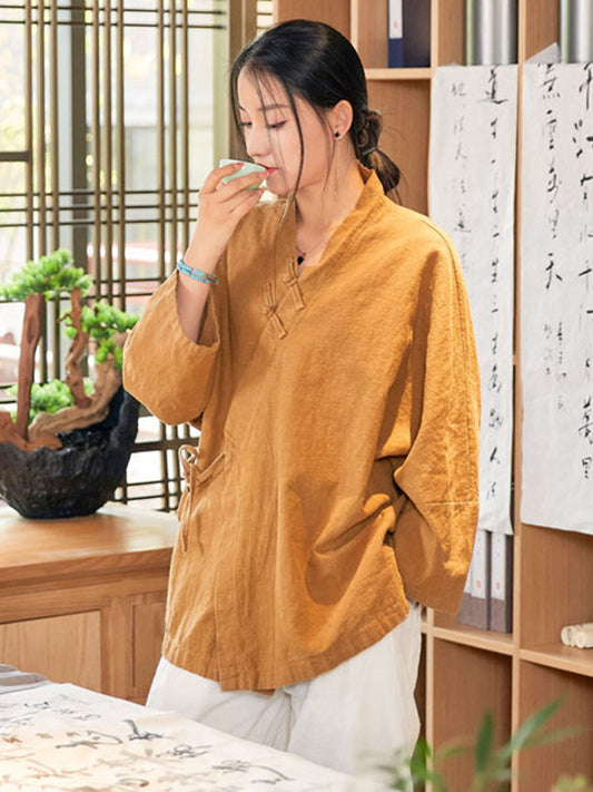 flowersverse Vintage Long Sleeves Loose Buttoned Tied Solid Color V-Neck Outerwear