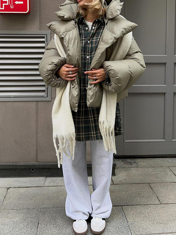 flowersverse Long Sleeves Loose Solid Color Split-Joint Hooded Padded Coat