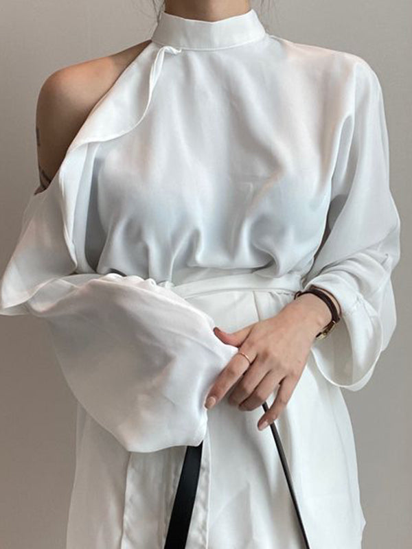 flowersverse Asymmetric Hollow Ruffled Solid Color Tied Waist Long Sleeves Loose Mock Neck Blouses&Shirts Tops