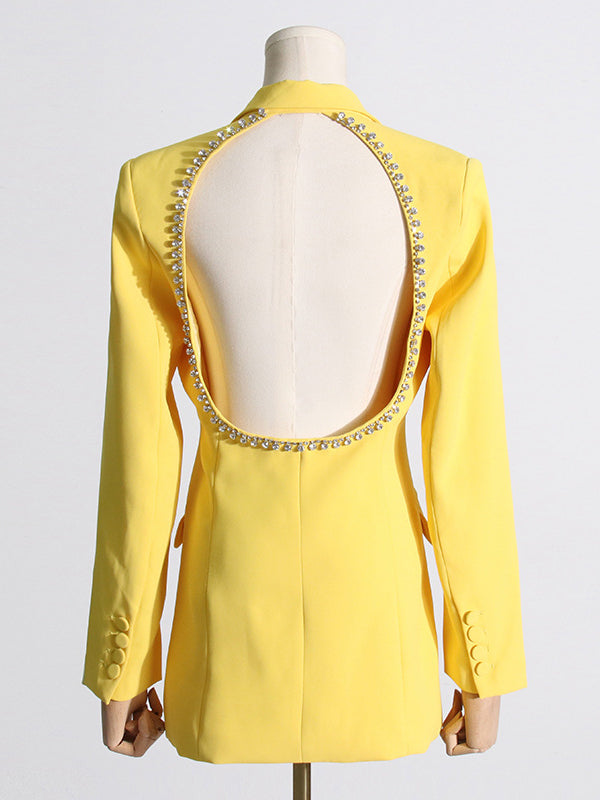 flowersverse Backless Buttoned Hollow Rhine Stones Solid Color Long Sleeves Deep V-Neck Blazer
