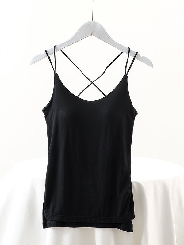 flowersverse Simple Solid Color High-Low Backless Spaghetti-Neck Shirts