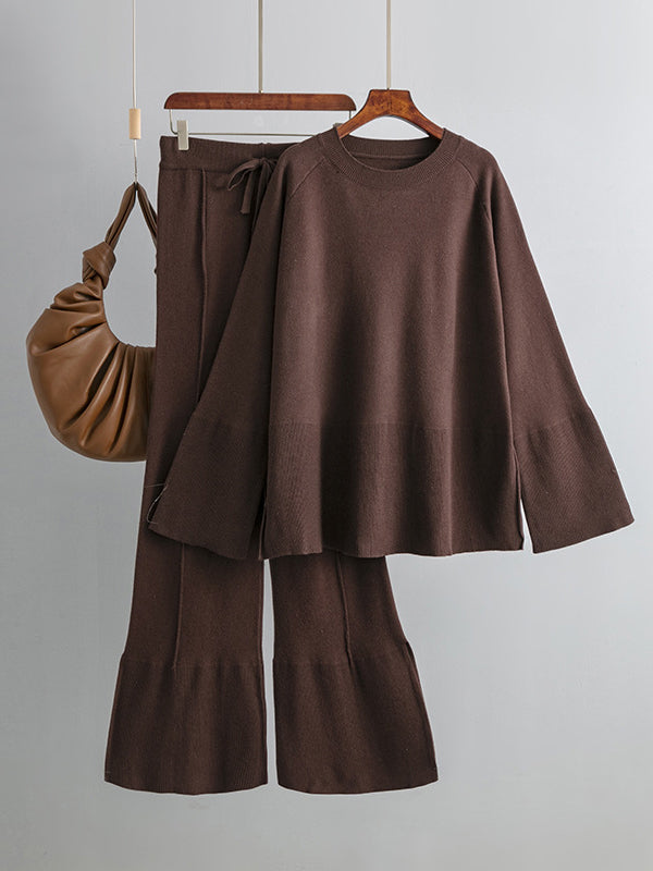 flowersverse Casual Long Sleeves Loose Solid Color Round-Neck Sweater Tops & Wide Leg Pants Two Pieces Set