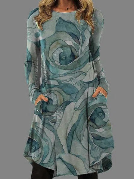 flowersverse Women's Casual Dress T Shirt Dress Tee Dress Ethnic Dress Midi Dress Green Long Sleeve Color Gradient Pocket Winter Fall Autumn Crew Neck Vacation Winter Dress Halloween Fall Dress S M L XL XXL