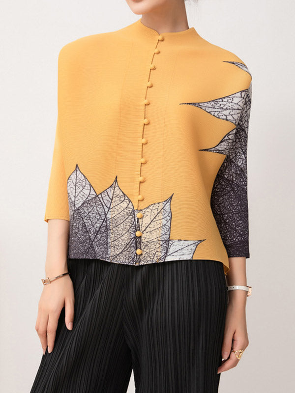 flowersverse Buttoned Leaves Print Long Sleeves Loose Round-Neck Outerwear