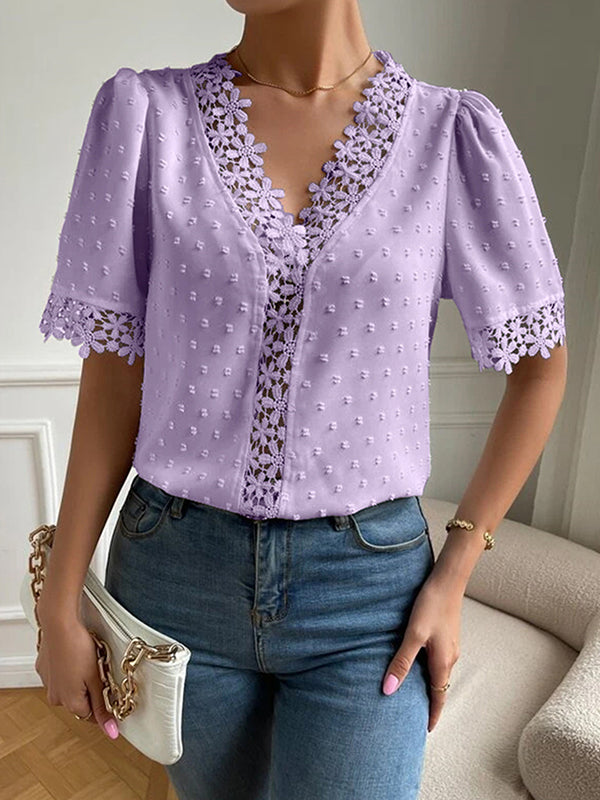 flowersverse Applique Solid Color Loose Short Sleeves V-neck Blouses&shirts Tops