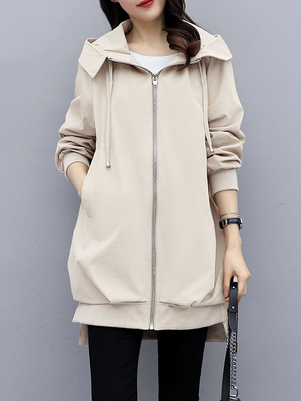 flowersverse Casual Loose 4 Colors Pleated Zipper Hooded Long Sleeves Outwear