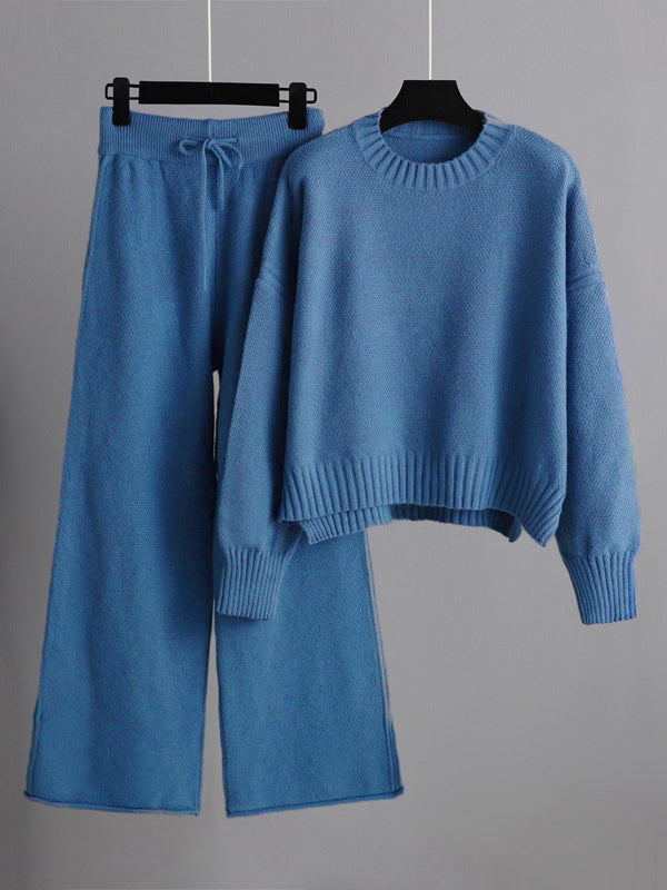 flowersverse Urban Loose Long Sleeves Solid Color Round-Neck High-Low Sweater Tops & Wide Leg Pants Suits