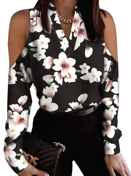 flowersverse Original Creation Loose Long Sleeves Floral Printed Hollow V-Neck Blouses&Shirts Tops