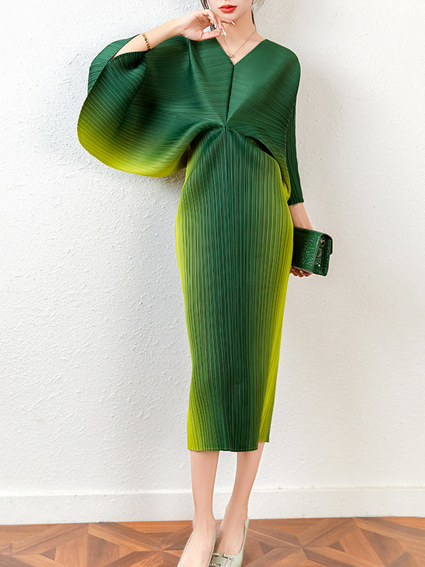 flowersverse Fashion Loose Batwing Sleeves Gradient Pleated Midi Dress