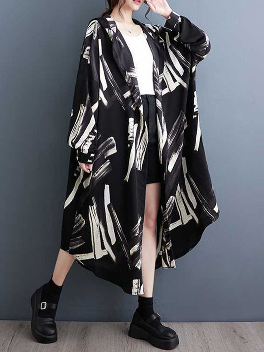 flowersverse Buttoned Hooded Printed Long Sleeves Loose Outerwear Midi Dresses