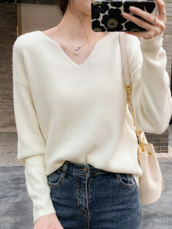 flowersverse Casual Loose Long Sleeves Solid Color V-Neck Sweater Tops
