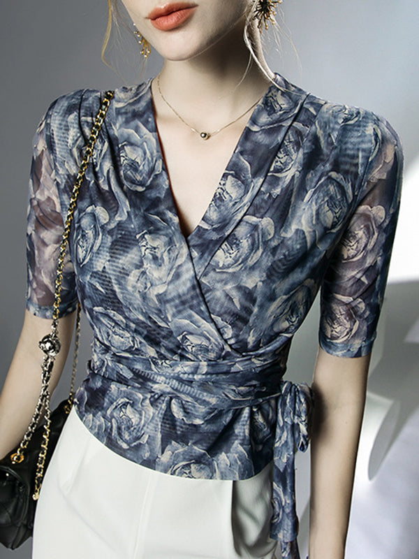 flowersverse Flower Print Mesh Tied Half Sleeves Plus Size V-Neck Blouses&Shirts Tops