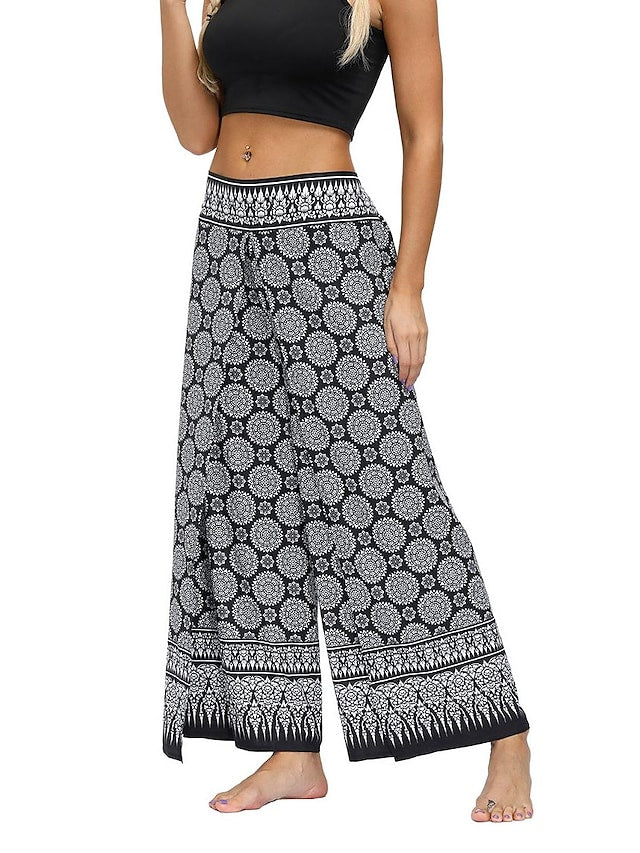 flowersverse Women's Harem Wide Leg Pants Trousers Light gray Gray Black High Waist Basic Boho Gym Yoga Layered High Cut Micro-elastic Full Length Comfort Pattern S L / Drop Crotch / Plus Size / Loose Fit / Print
