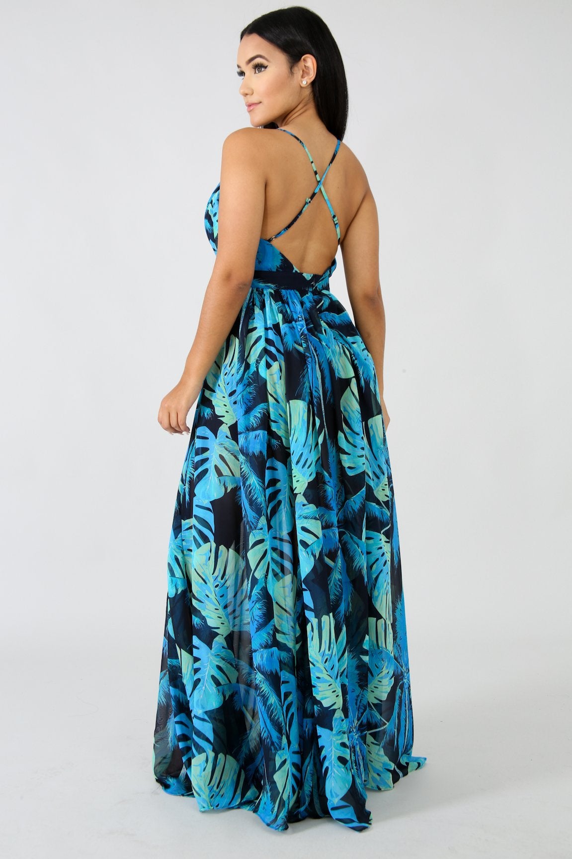 flowersverse Deep V-Neck Back Chiffon Dress
