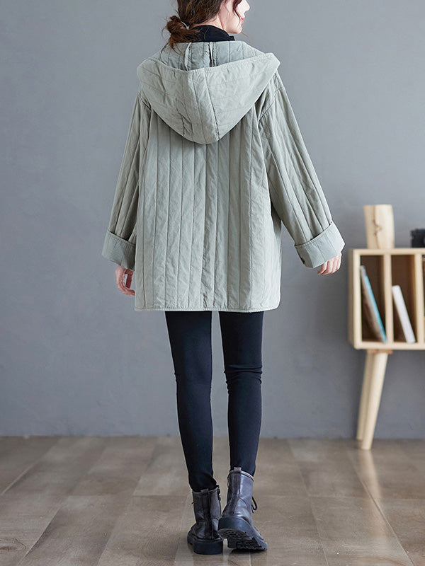 flowersverse Casual Long Sleeves Loose Buttoned Keep Warm Solid Color Hooded Padded Coat/Down Coat