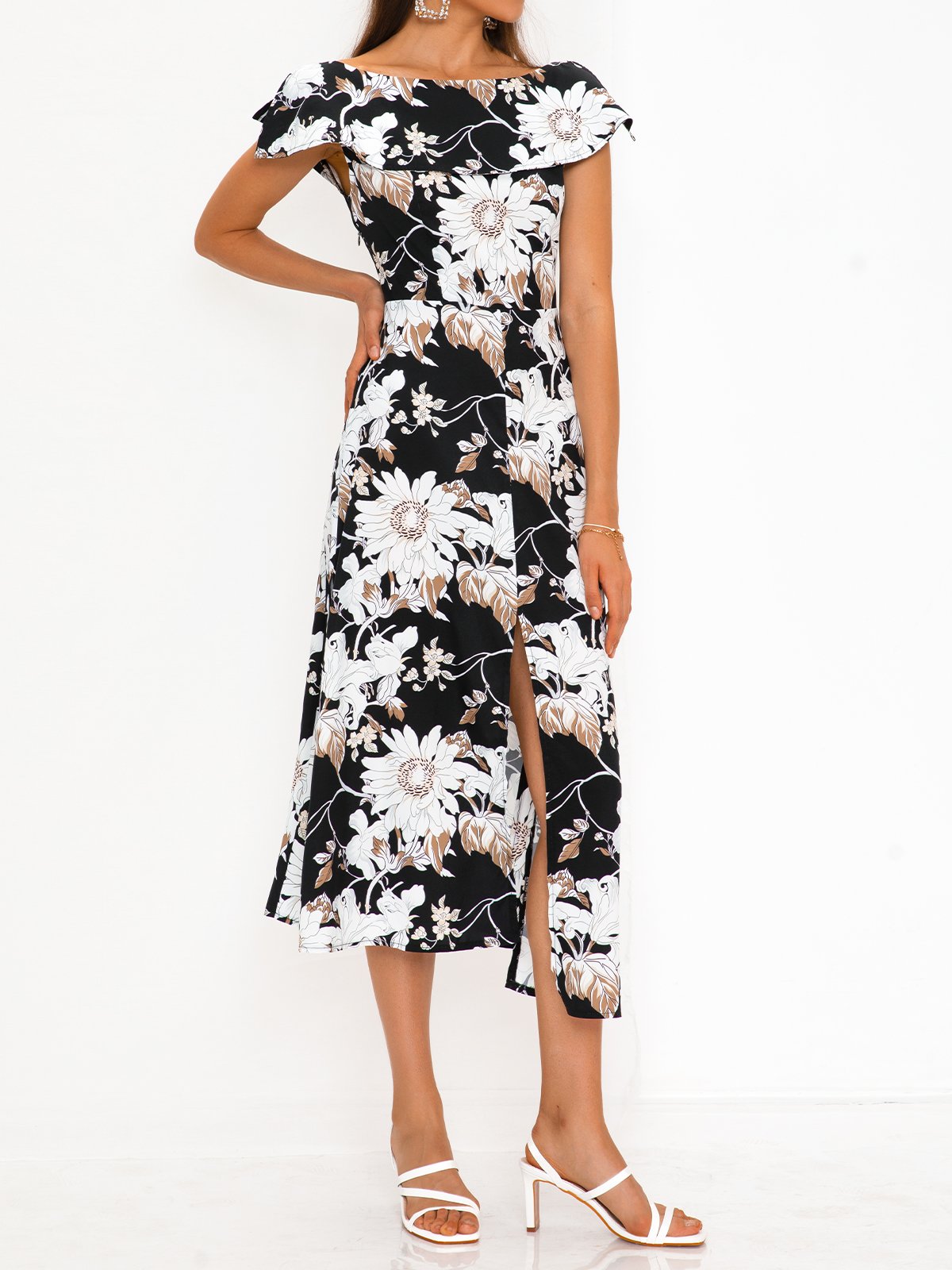 flowersverse A-Line Shawl Collar Short Sleeve Floral Weaving Dress