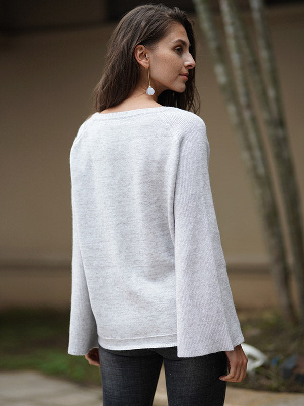 flowersverse Casual Long Sleeves Loose Solid Color V-Neck Sweater Tops