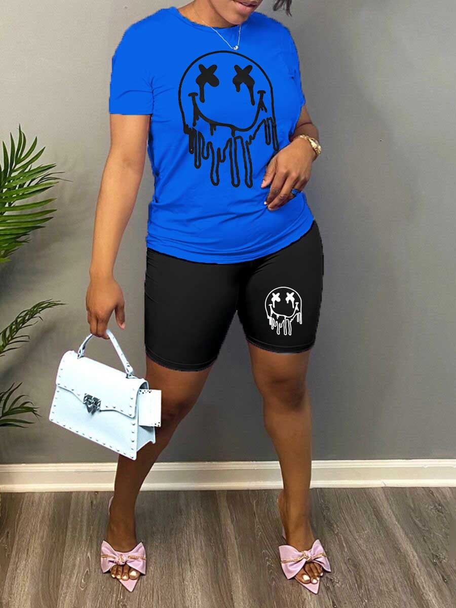 flowersverse Women's Print T-Shirt Shorts Two Piece Set Plus Size Loose Simple Printed Set