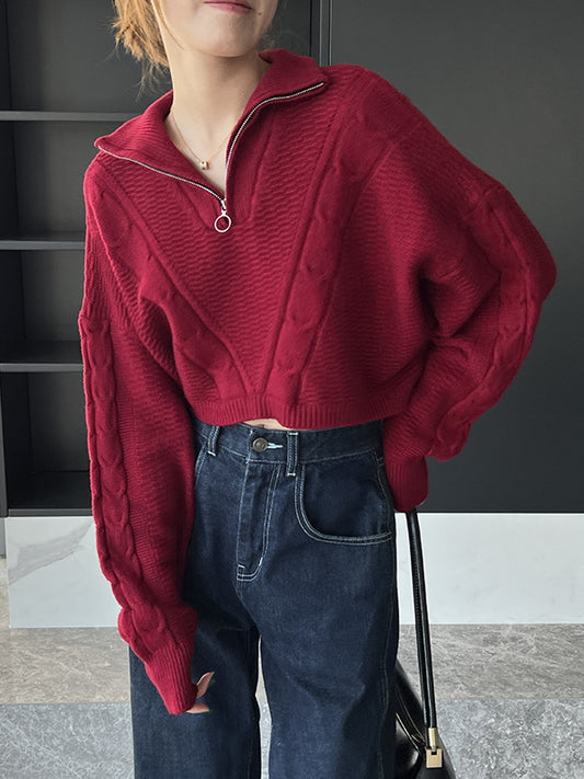 flowersverse Simple Batwing Sleeves Long Sleeves Jacquard Solid Color Lapel Collar Sweater Tops