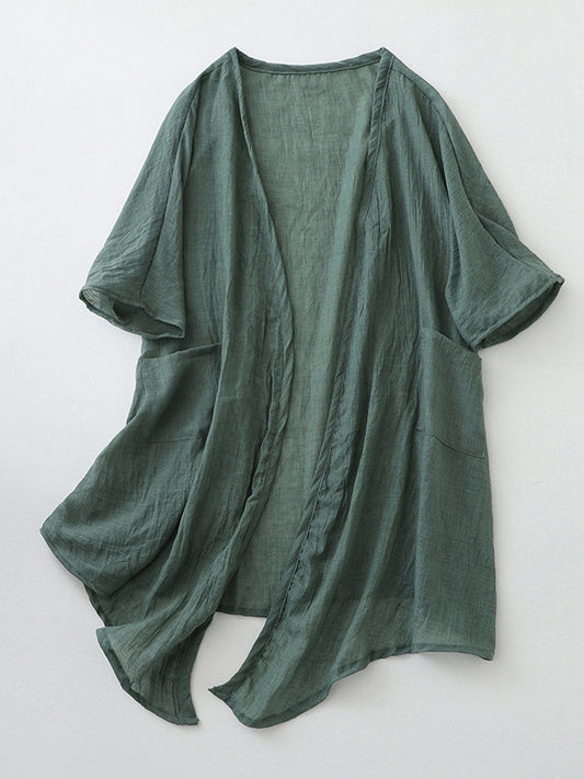 flowersverse Pleated See-Through Solid Color Loose Short Sleeves Outerwear Cover-Ups Tops