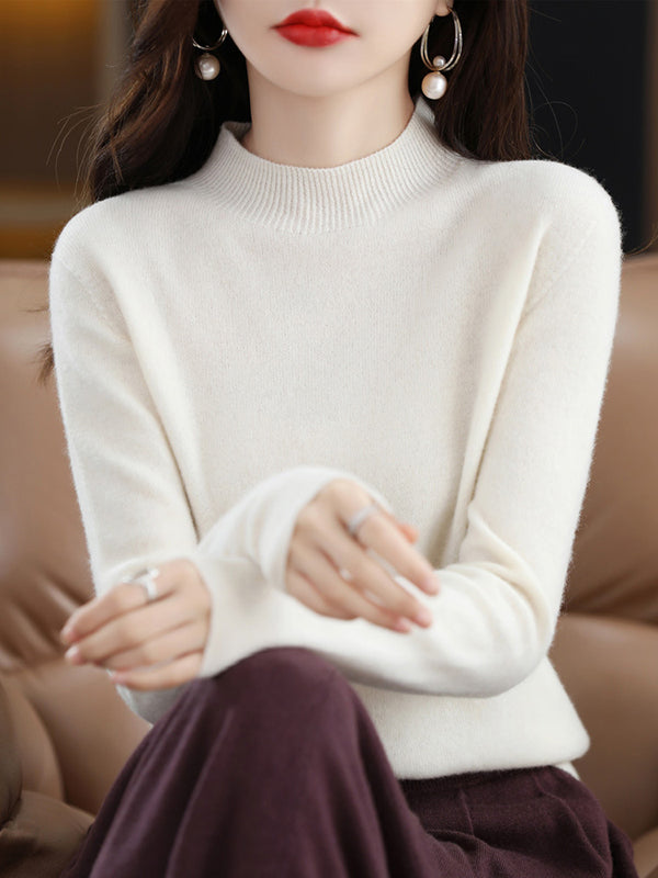 flowersverse Office Long Sleeves Solid Color High-Neck Sweater Tops Pullovers