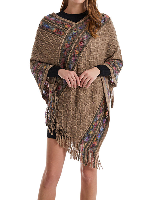 flowersverse Asymmetric Tasseled Loose V-Neck Shawl&Cloak Cape