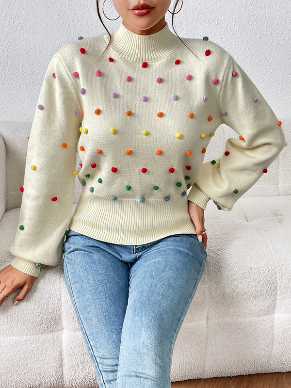 flowersverse Pompom Triming Long Sleeves Loose Round-Neck Sweater Tops Pullovers Knitwear