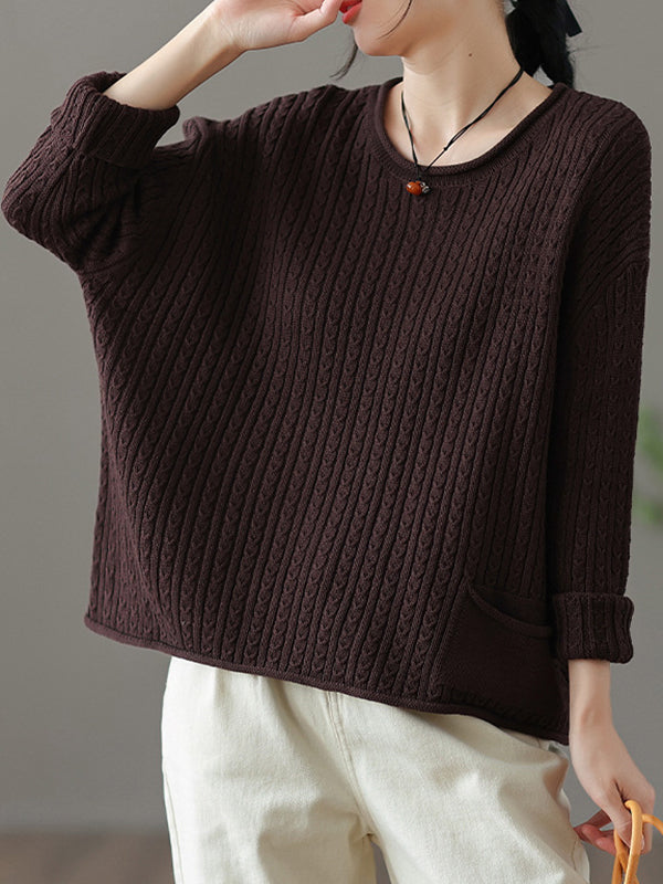 flowersverse Artistic Retro Loose Long Sleeves Jacquard Solid Color Round-Neck Sweater Tops