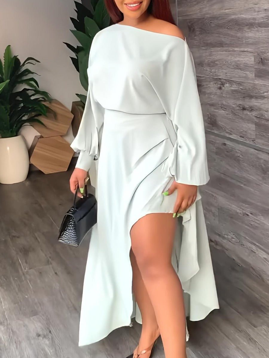 flowersverse Plus Size Inclined Neck Fold Design Asymmetrical Split Dress AT9024