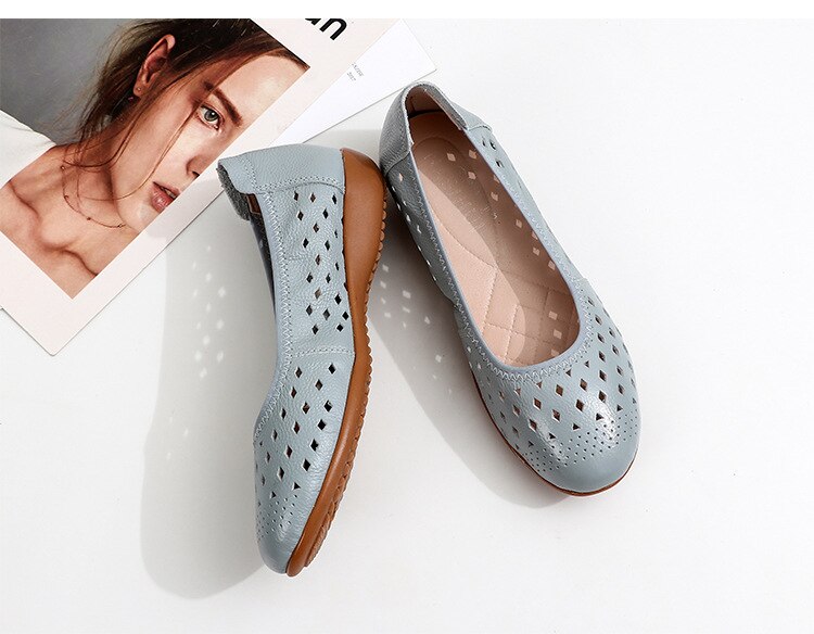 flowersverse Spring Genuine Leather Flat Summer Shoes Women Casual Hollow Breathable Soft Bottom Ladies Flats Plus Size 35-43