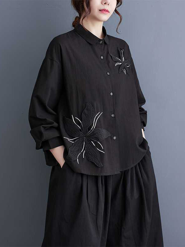 flowersverse Applique Buttoned Embroidered Long Sleeves Loose Lapel Blouses&Shirts Tops