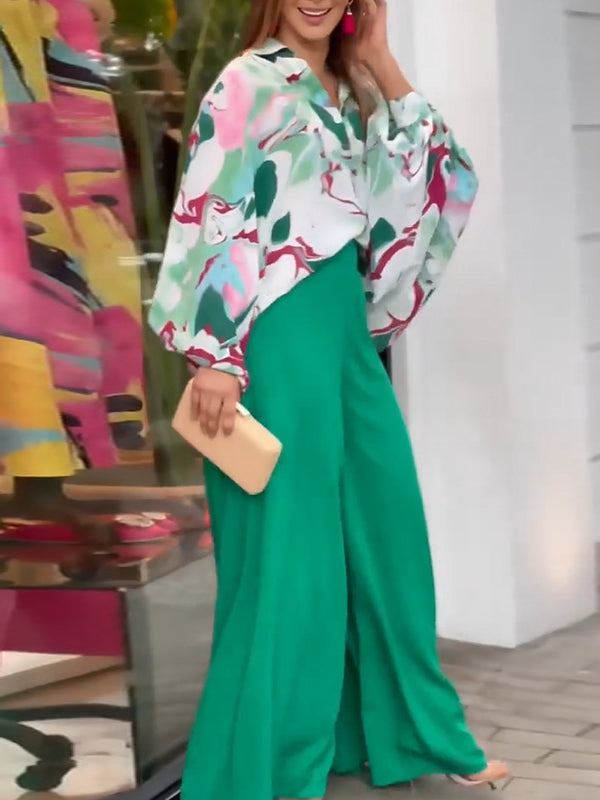 flowersverse Original Contrast Color Blouse&Solid Wide Legs Pants 2 Pieces Set