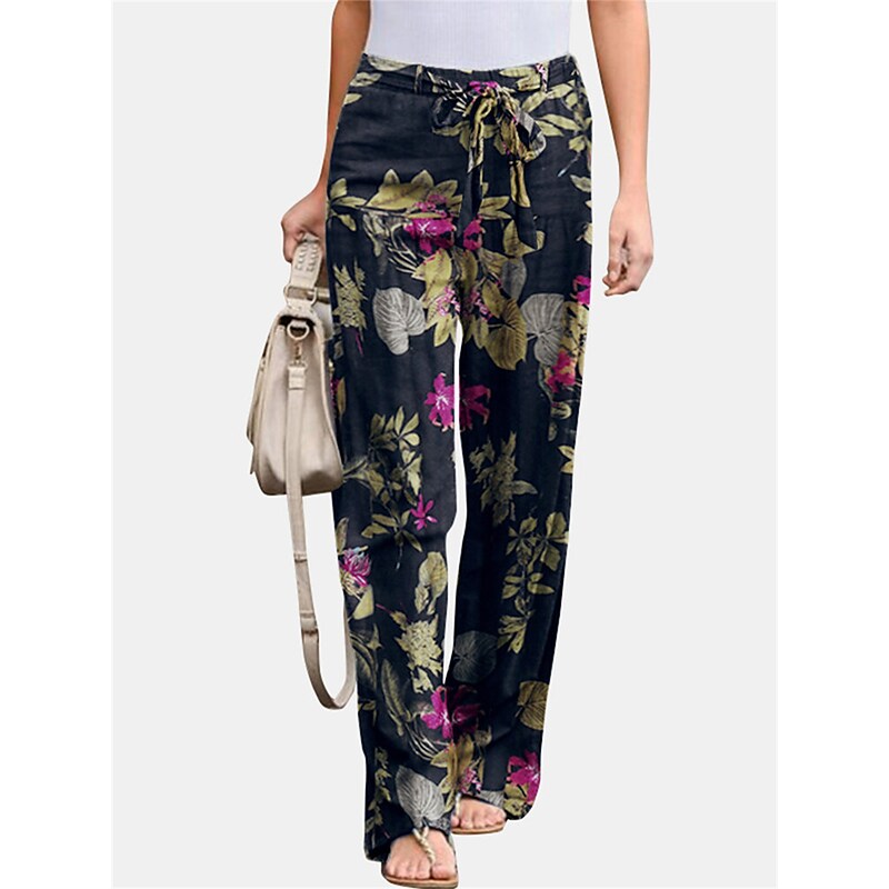 flowersverse Women's Plus Size Loungewear Pants Flower Leaves Basic Casual Comfort Home Daily Vacation Cotton Breathable Pant Spring Summer Yellow Fuchsia