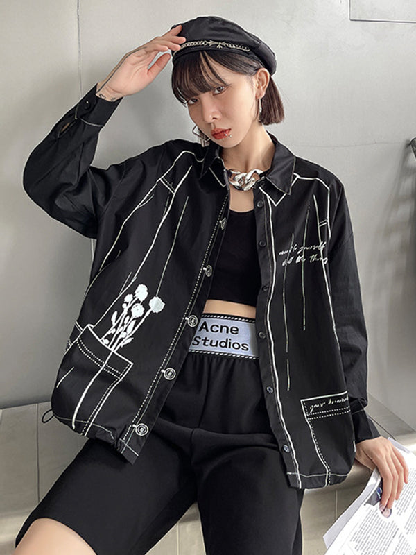 flowersverse Casual Contrast Color Printed Drawstring Blouse Top