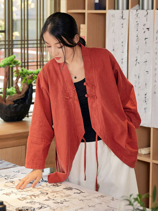 flowersverse Vintage Long Sleeves Loose Buttoned Tied Solid Color V-Neck Outerwear