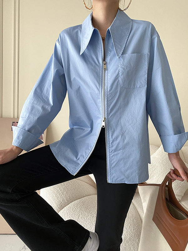 flowersverse Fashion Long Sleeves Solid Color Zipper Lapel Collar Blouses