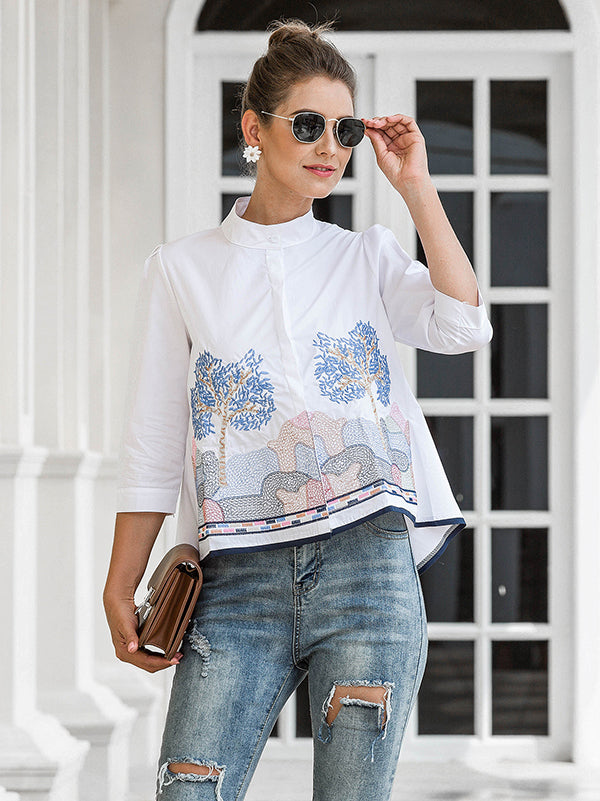 flowersverse Casual Three-Quarter Sleeves Loose Embroidered Stand Collar Blouses&Shirts Tops