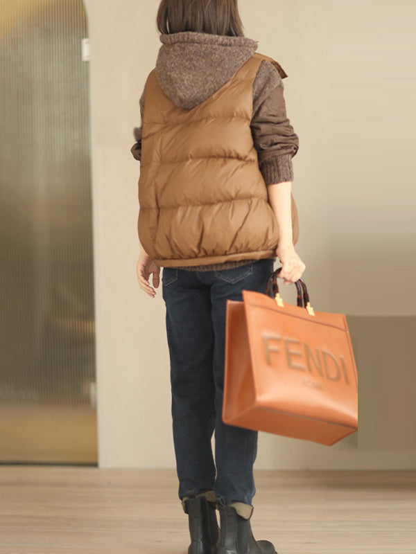 flowersverse Original Creation Loose Sleeveless Solid Color Zipper High-Neck Vest Outerwear