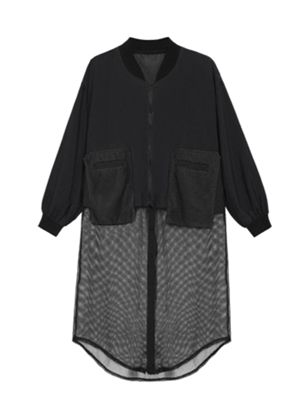 flowersverse Stylish Split-Joint With Pocket Mesh Buttoned Stand Collar Long Sleeves Jacket Outwear